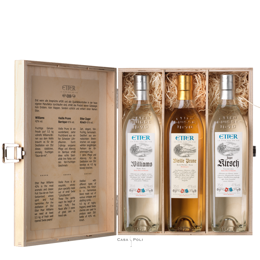 Etter Geschenkholzkistli Trio 3 × 35 cl. – Kirsch, Williams, Vieille Prune