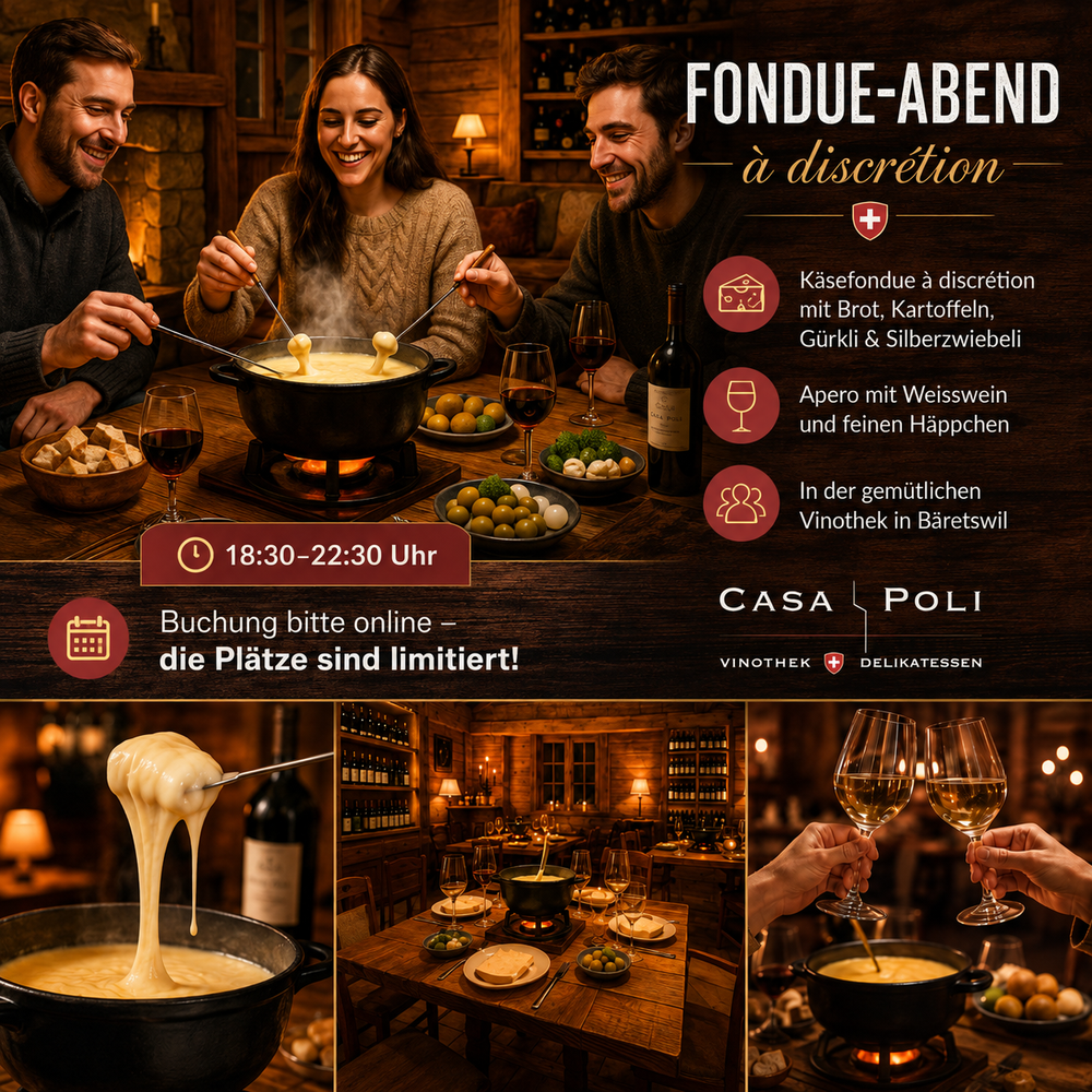 Käsefondue à discrétion im Holzchalet der Vinothek Casa Poli