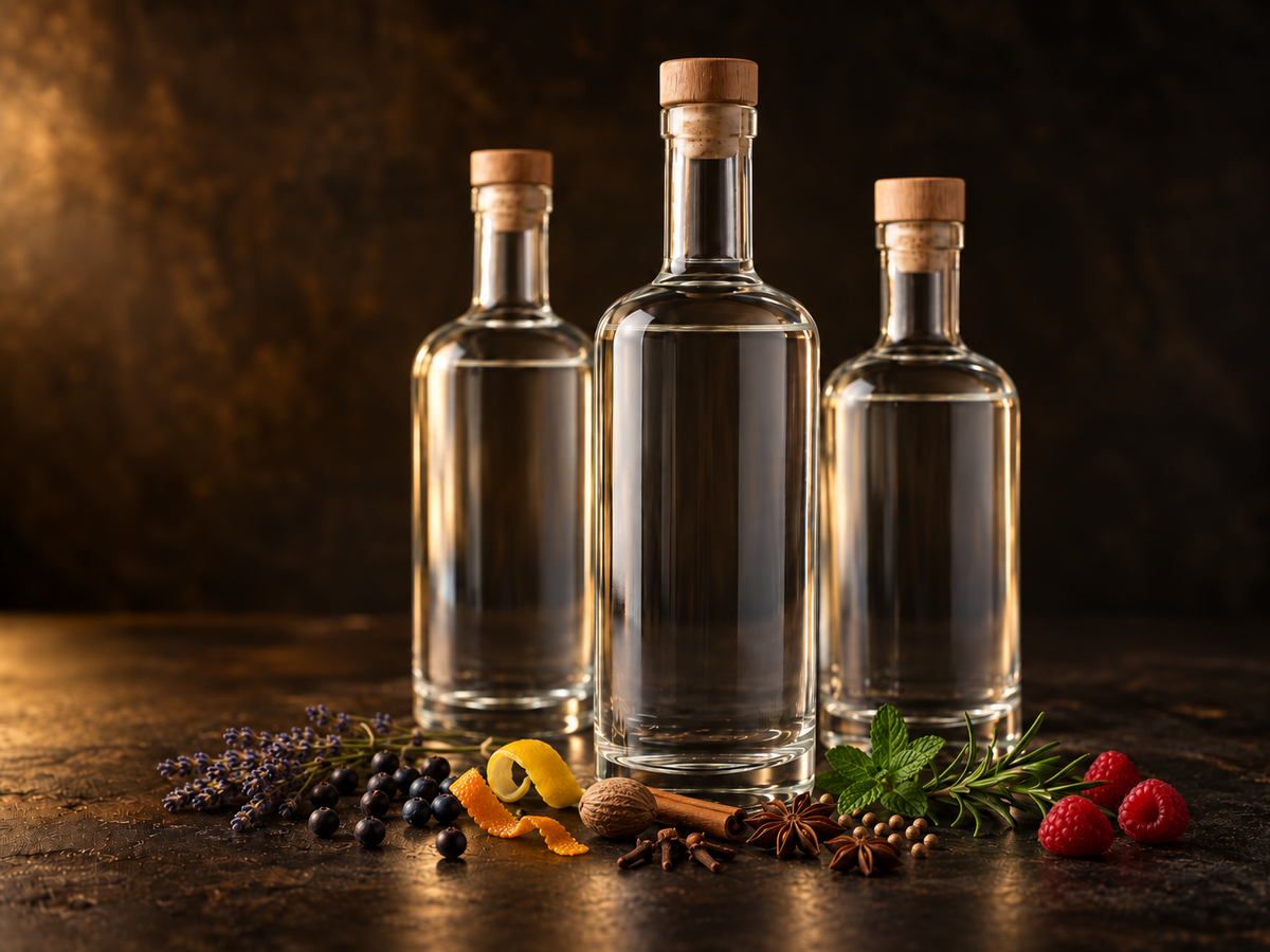 Drei Gin-Flaschen mit Botanicals: Wacholder, Lavendel, Zitrus- und Orangenschale, Muskatnuss, Zimt, Sternanis, Minze und Himbeeren