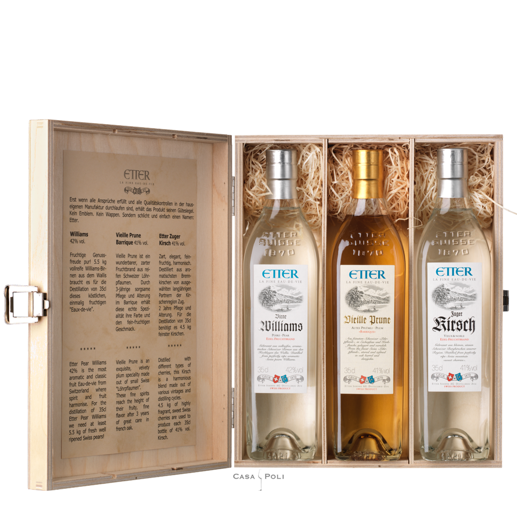 Etter Geschenkholzkistli – Trio 3 × 35cl – Kirsch, Williams, Vieille Prune- Etter Söhne AG