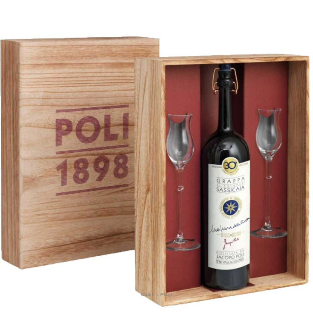Grappa di Sassicaia Barrique Geschenkset 50 cl. mit 2 Gläsern – Distilleria J. Poli