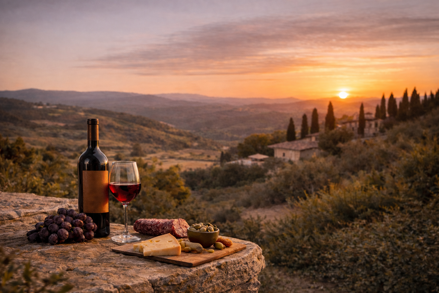 Toskana Sonnenuntergan mit Apero, Wein, Salami und Käse

