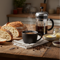 Feigenkompott von Prunotto auf dem Frühstückstisch mit Brot und Kaffee