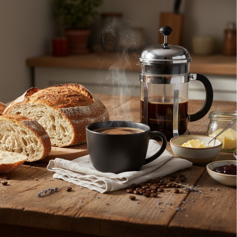 Composta auf dem Früstücksttisch Brot und kaffee