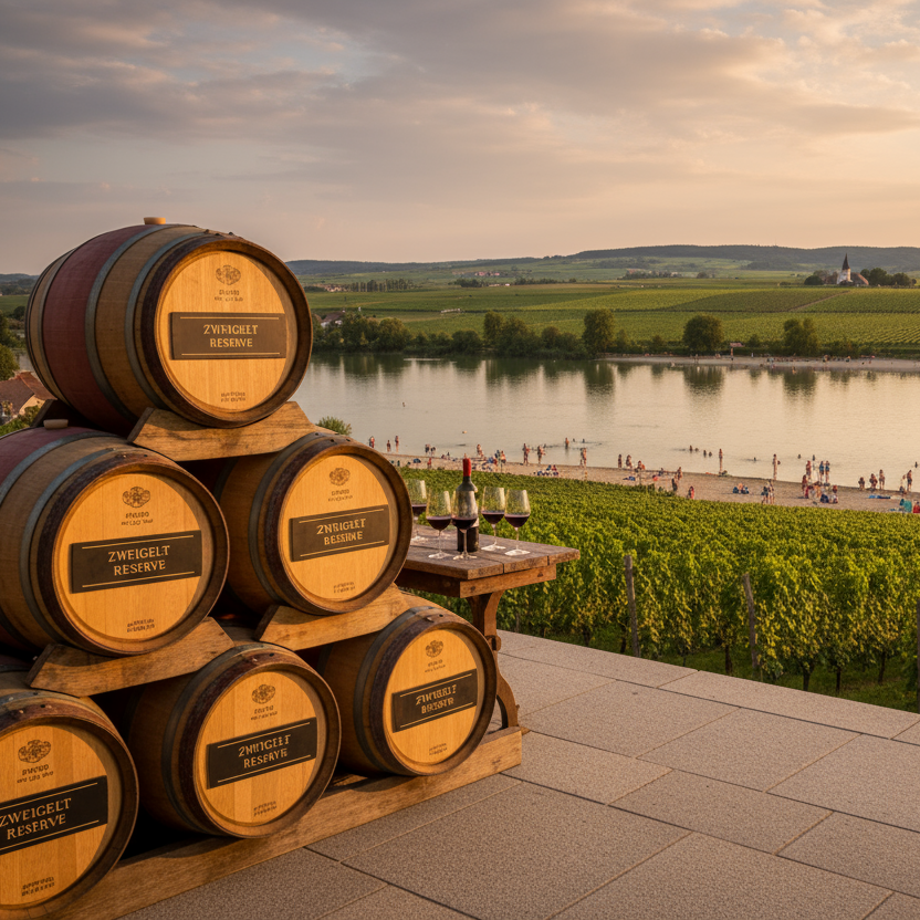 Der edle Zweigelt Reserve, Barriques stehen auf der Veranda, im Hintergrund ein grosser weiter See, drübern am Ufer viele Badegaste und dahinter bis zum horizont traubengärten