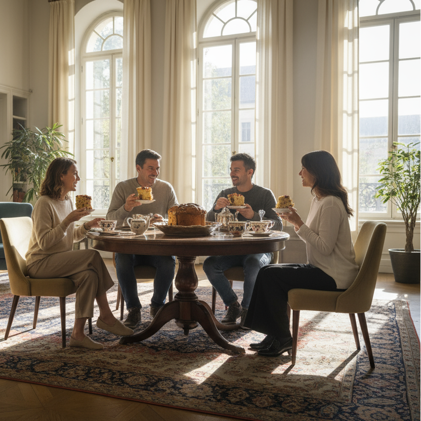 ein grosser Raum, hinten am Tisch beim Fenster sitzen 5 Personen am Tisch und geniessen einen Marroni Panettone un dtrinken Kaffe un dTee