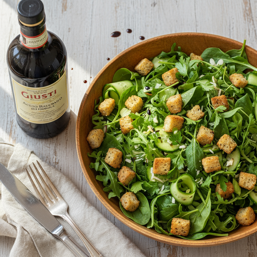 eine schüssel grüner salat von oben sehr schön dekoriert, mit crouton und peterli und mit diesem Aceto balsamico von Giusti, die Flasche steht noch neben der Salatschüssel auf dem Tisch