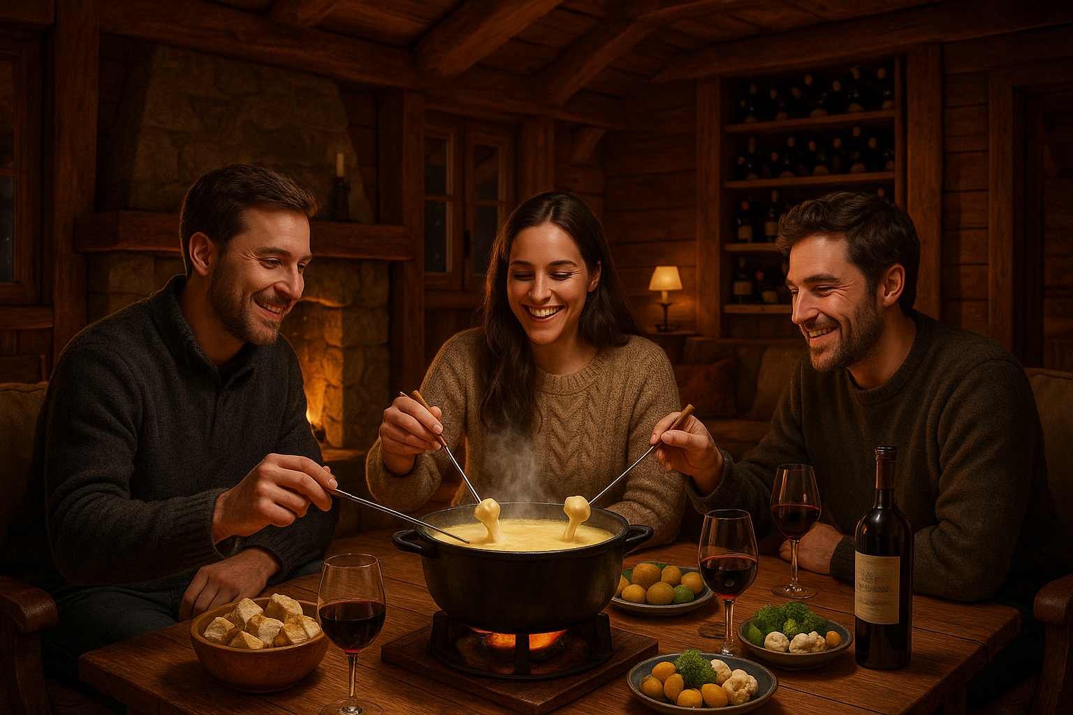 gemütlicher Käse Fondue abend in einem Chalet aus holz mit 3 Freunden und einem Cheminee und einem Weingestell im hintergrund