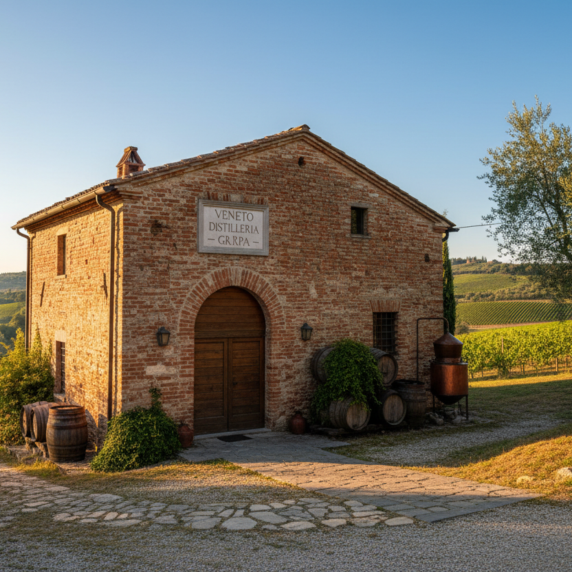 Grappa Sarpa, genuss, Veneto Distilleria von aussen, Backsteingebäude