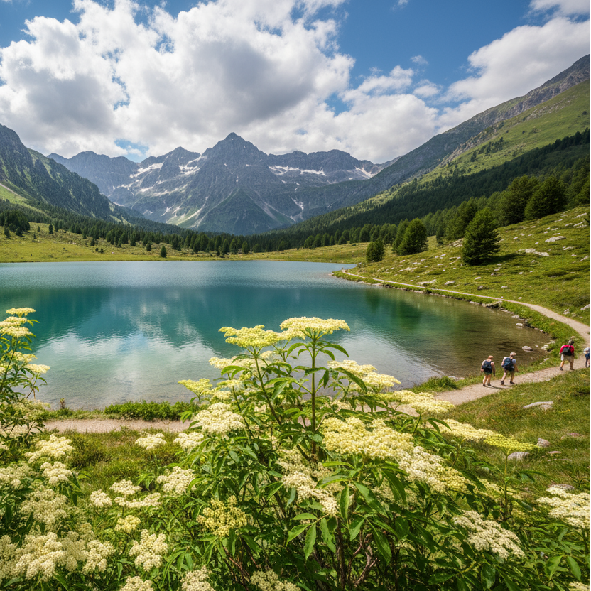 holunderblüten wachsen an einem Baum und ein Bergsee fehlt auf dem Bild