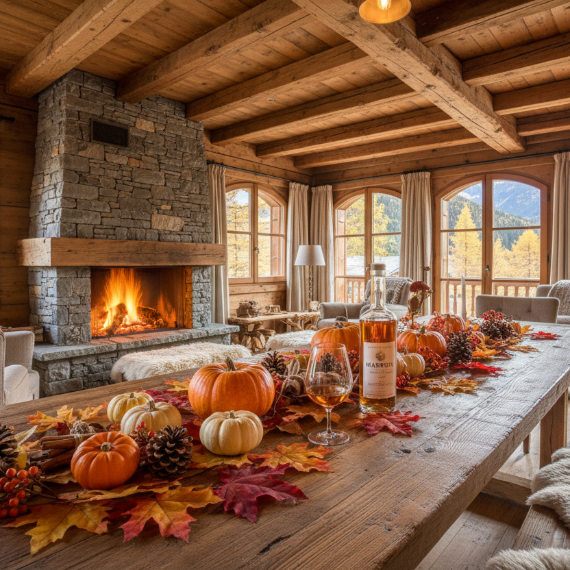 im weitläufigen Chalet steht ein tisch , dekoriert mit herbstliceh sachen und ein Marroni likör mit einnem Trinkglas daneben