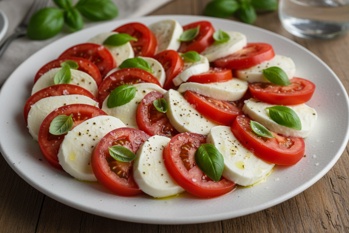 jetzt sehe ich einen Tomaten Mozzarella salat auf einem flachen teller schön sortiert ein stück tomaten ein stück mozzarella usw. dekoriert mit Basilikum 