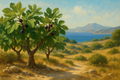 Landschaft mit Feigenbäumen und dem Meer im Hintergrund
