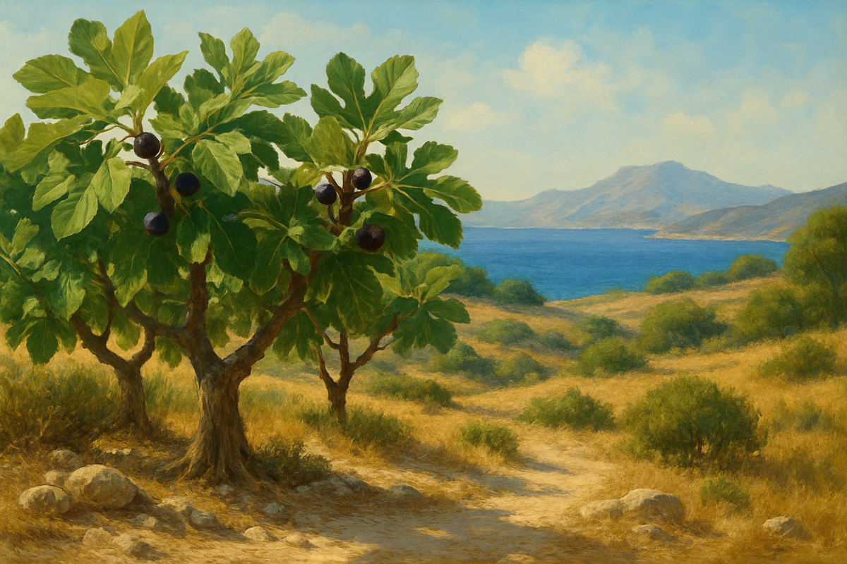 Landschaft mit Feigenbäumen und dem Meer im Hintergrund