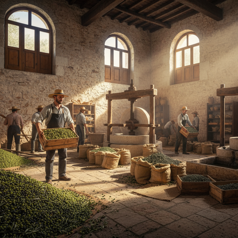 olivenöl presse wo die Bauern ihre ernte birngen, wir stehen drinnen in einem Grossen weiten Raum, mi tgrosser ernte