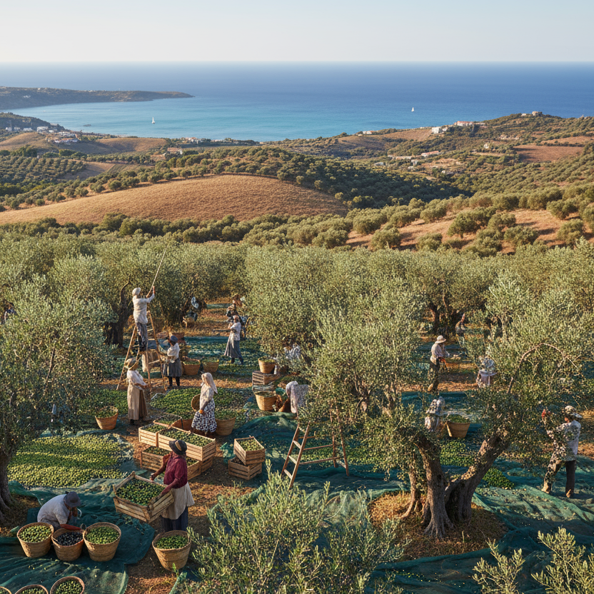 OLIVENBÄUME IM HINTERGRUND DAS MITTELMEER, HÜGELIGE LANDSCHAFT UND 2 dUZEND LEUTE DIE OLIVEN ERNTEN.