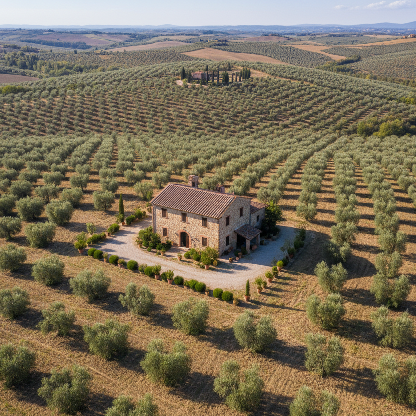 Olivenbäume soweit das auge reicht, die Cantina in der Mitte des gutes