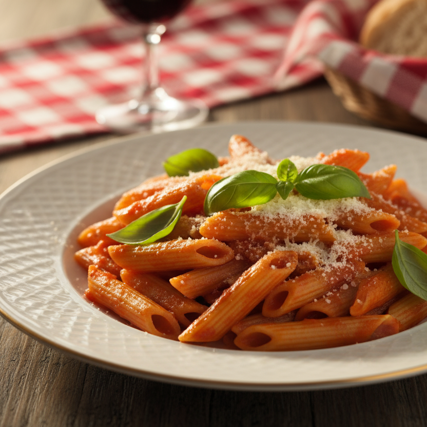 penne, tomatensauce auf dem Teller mit italienischem flair
