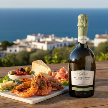 Prosecco mit Scampi und Antipasti