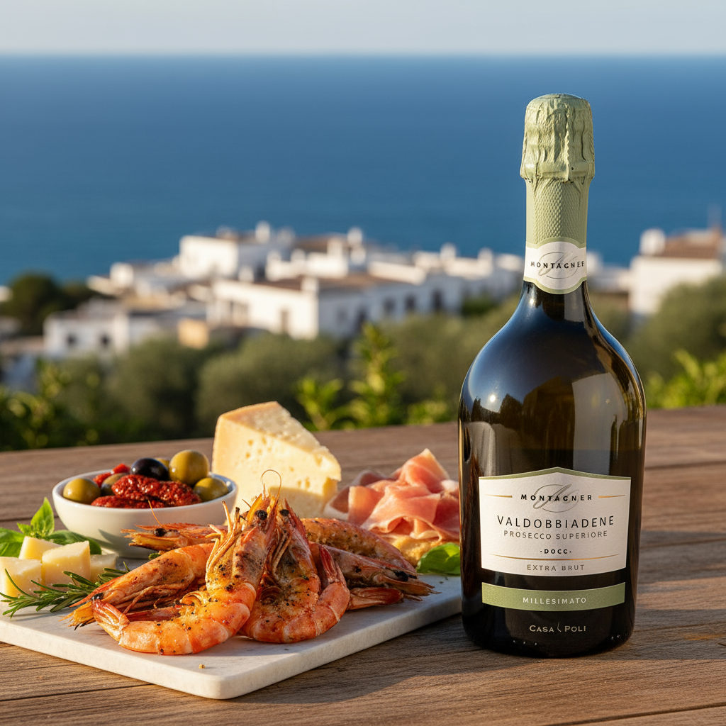 Prosecco mit Scampi und Antipasti