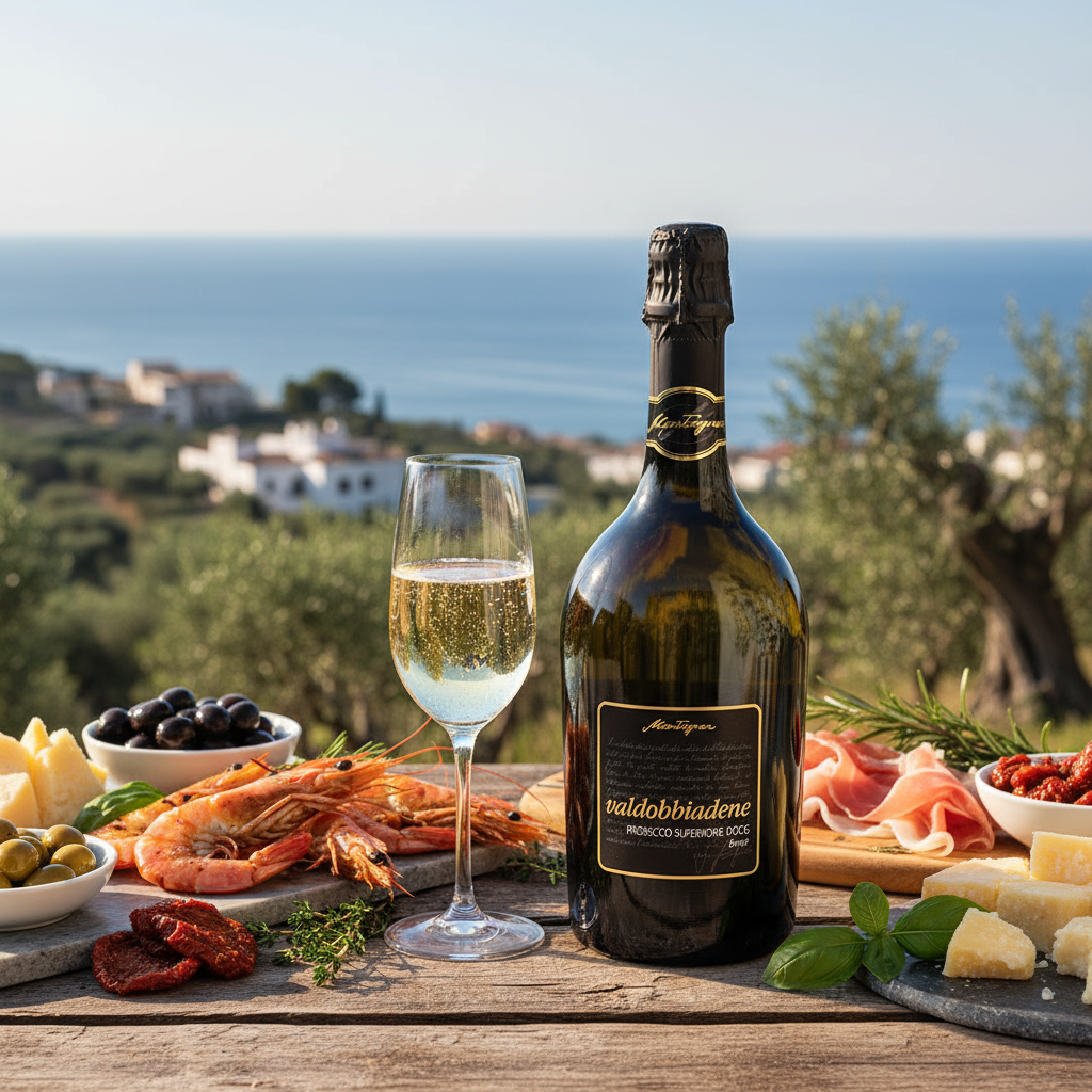 Prosecco Superiore Valdobbiadene mit Glas, Scampi und Antipasti