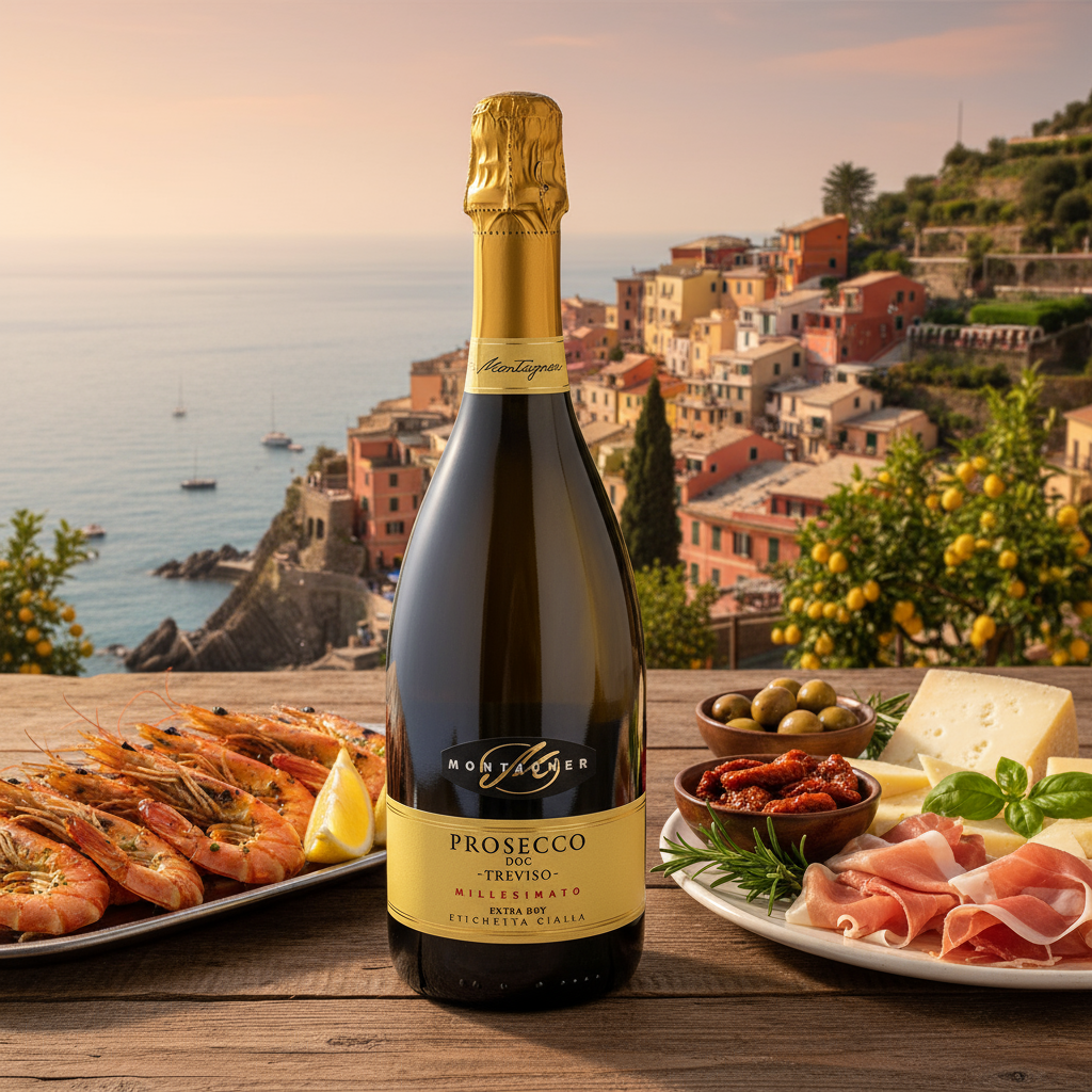 Prosecco Treviso mit Scampi und Antipasti