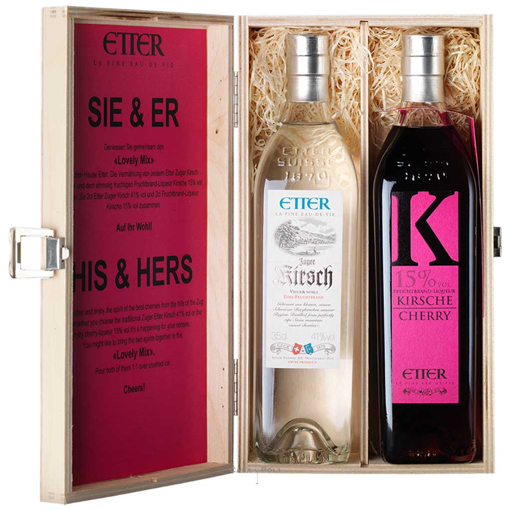 Etter Geschenkholzkistli «SIE & ER» – 2 × 35cl Zuger Kirsch - Etter Söhne AG