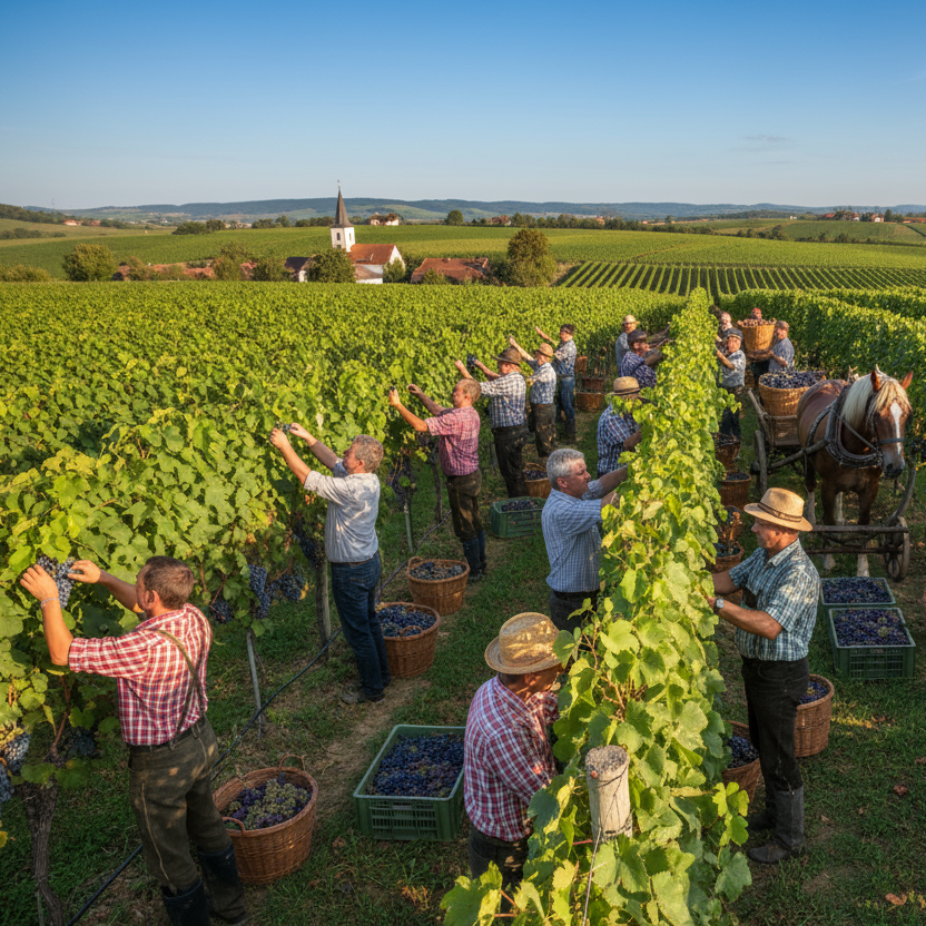 Wein Burgenland, Weingarten, Traubenlese, Österreich, viele Helfer