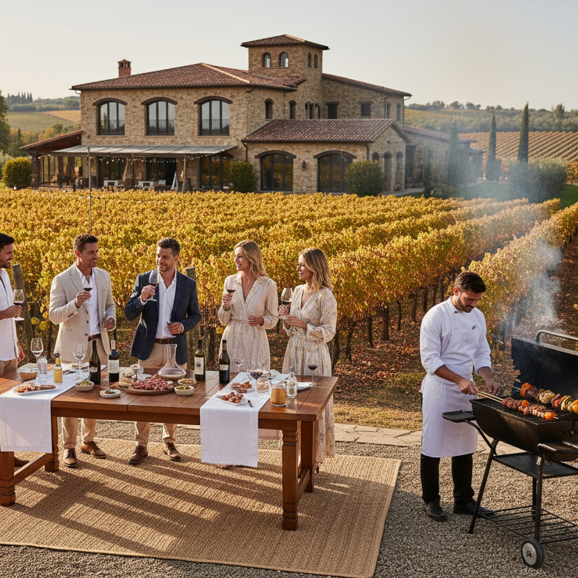 Weinverkostung draussen auf dem Weingut, grosse gediegene Cantina, 6 Personen die sitzend degustieren, eine Person am Grill voller Fleisch und Grillgemüse.